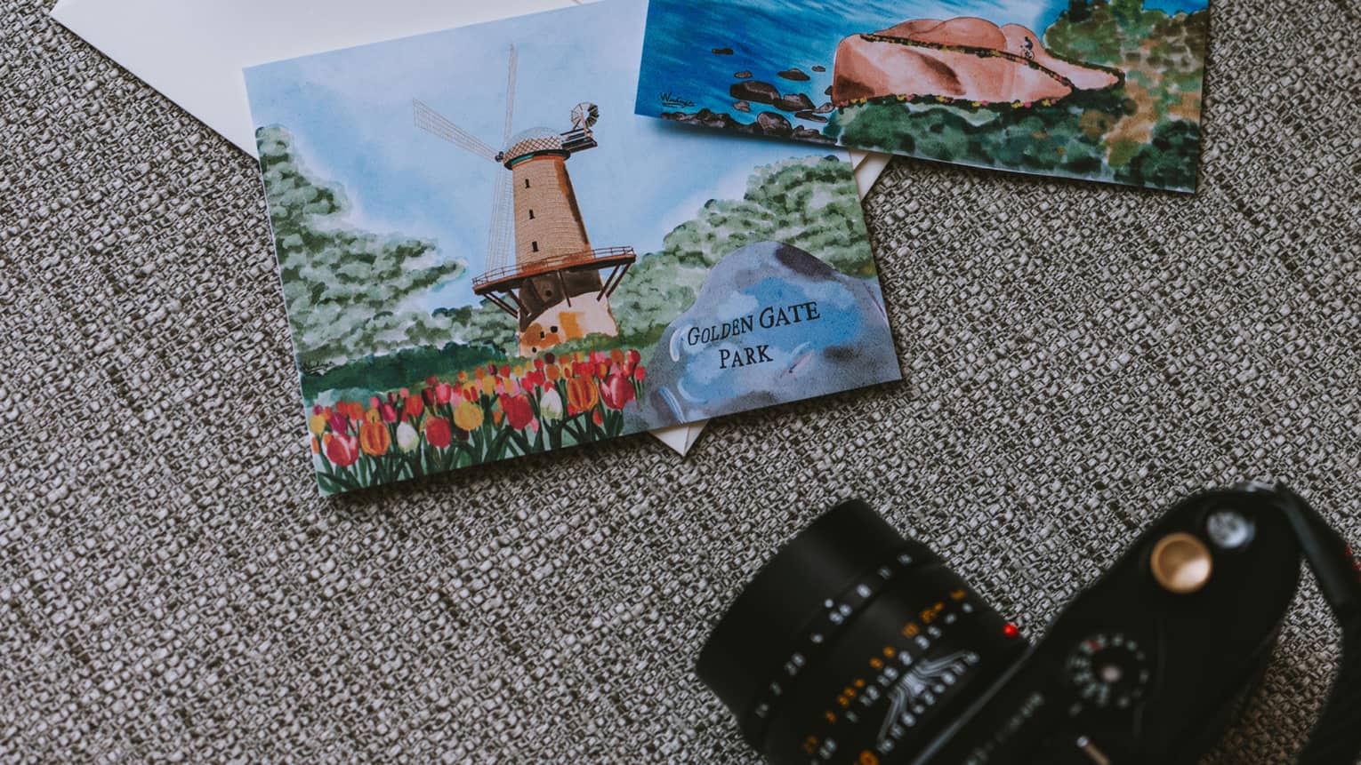 Camera and binoculars with two paintings.