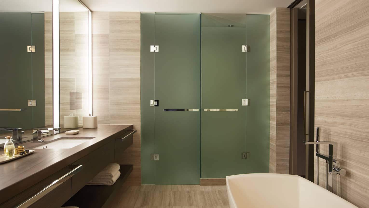 Bathroom with tub and shower with frosted glass doors