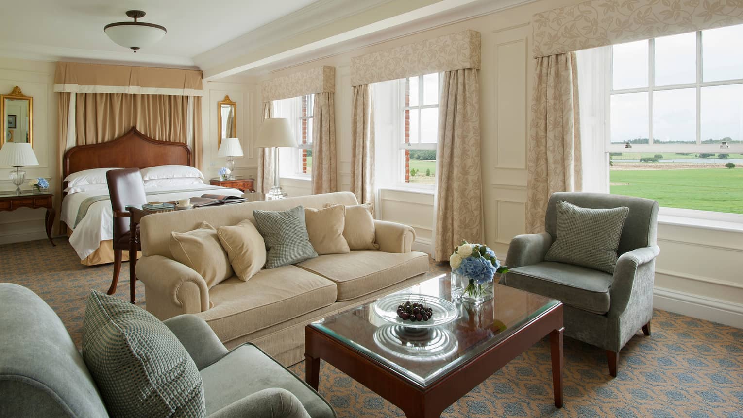 Oliver King Parlour Suite plush sofa, armchairs by desk, bed with canopy