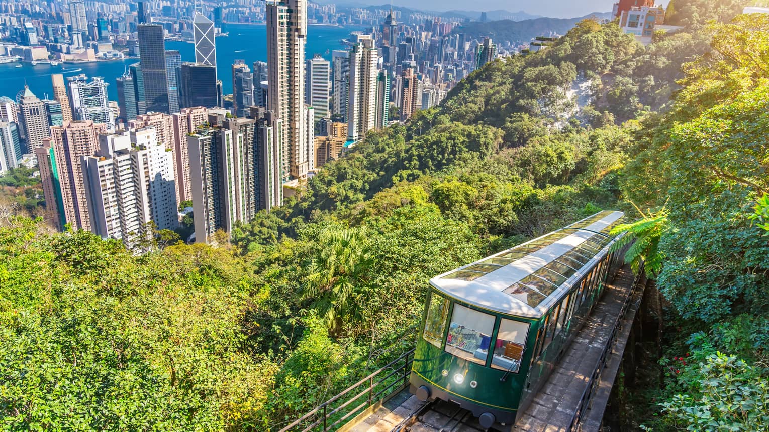 The Peak Tram rises about Hong Kong city on a lush mountainside