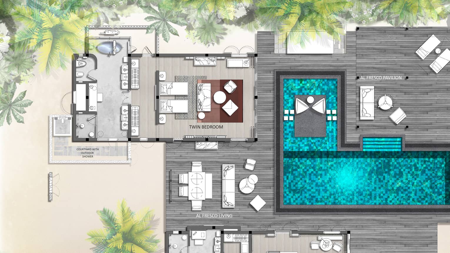 Floorplan of Two-Bedroom Ocean Bungalow at Four Seasons Maldives at Landaa Giraavaru
