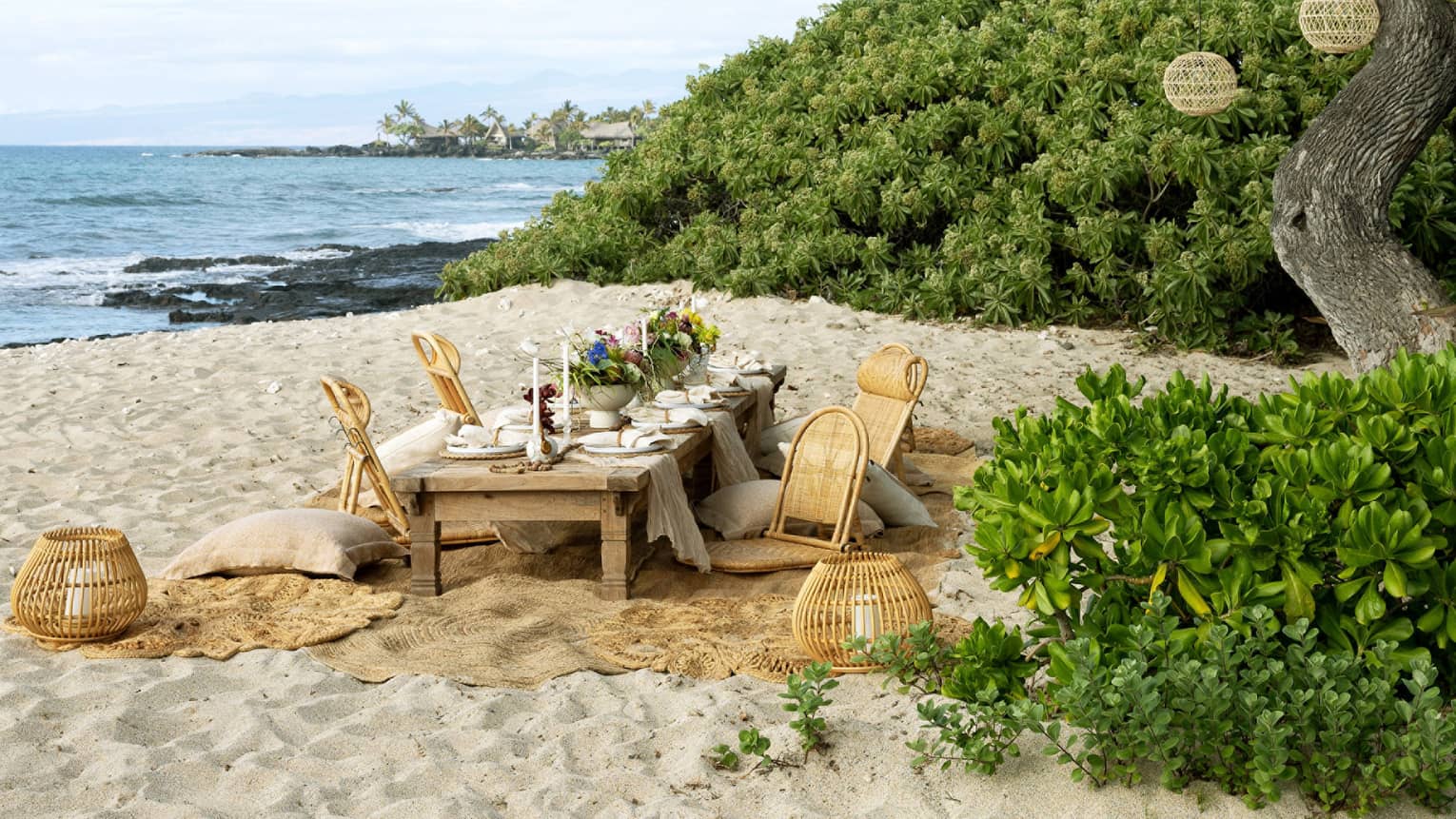 A long, low table elegantly set for gourmet picnic on the beach under a tree