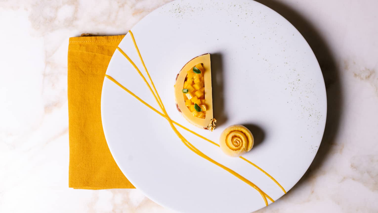 Exotic Half-Moon Cheesecake with Mango Cubes and a Swirl of Pineapple Sorbet
