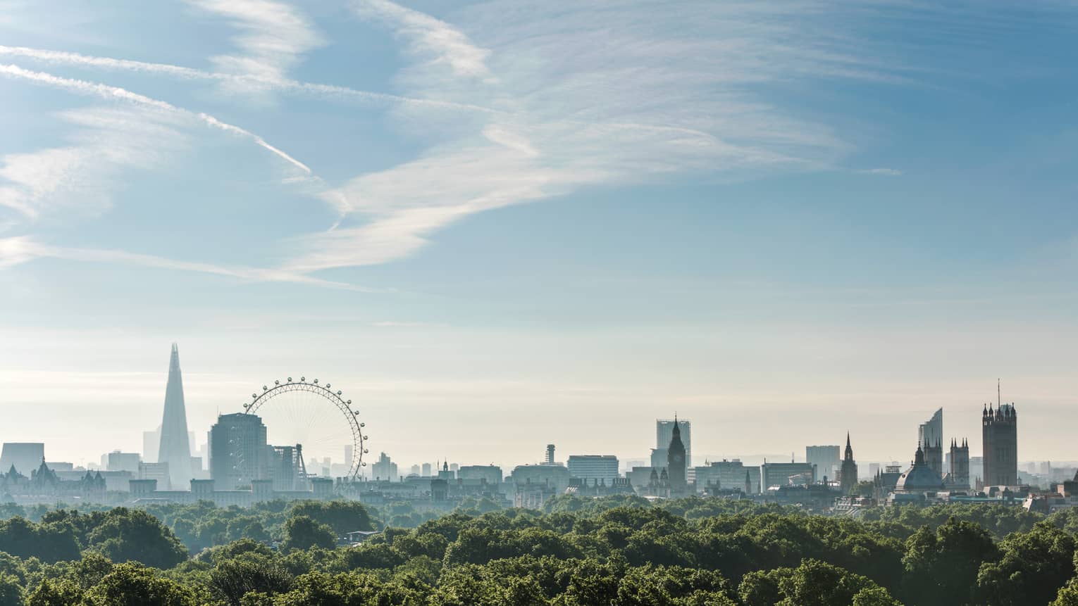 London city skyline, ferris wheel on horizon over canopy of green trees