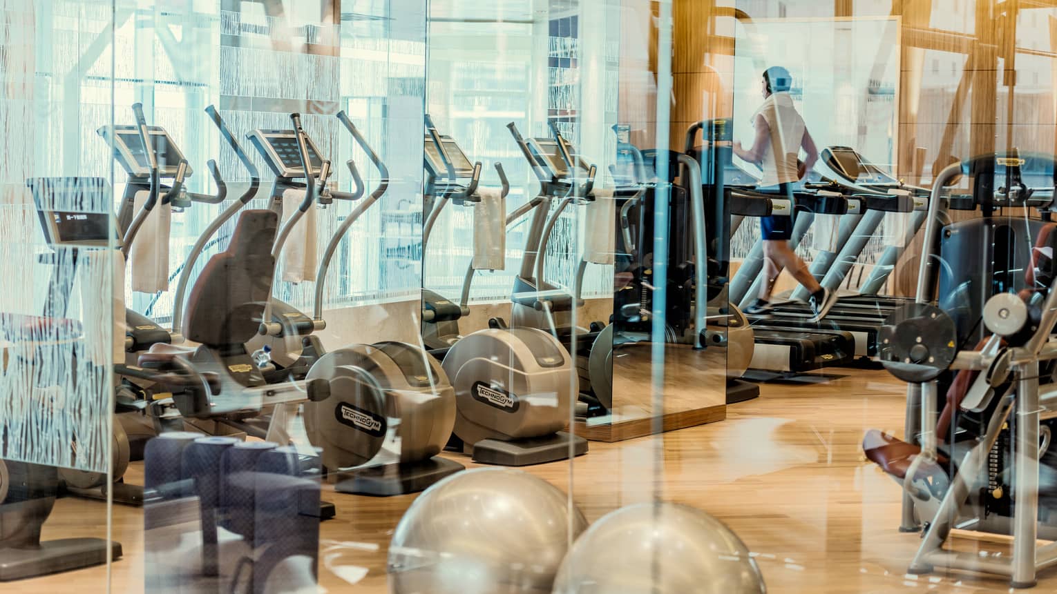 Rows of cardio machines, glass partitions in fitness centre Health Club