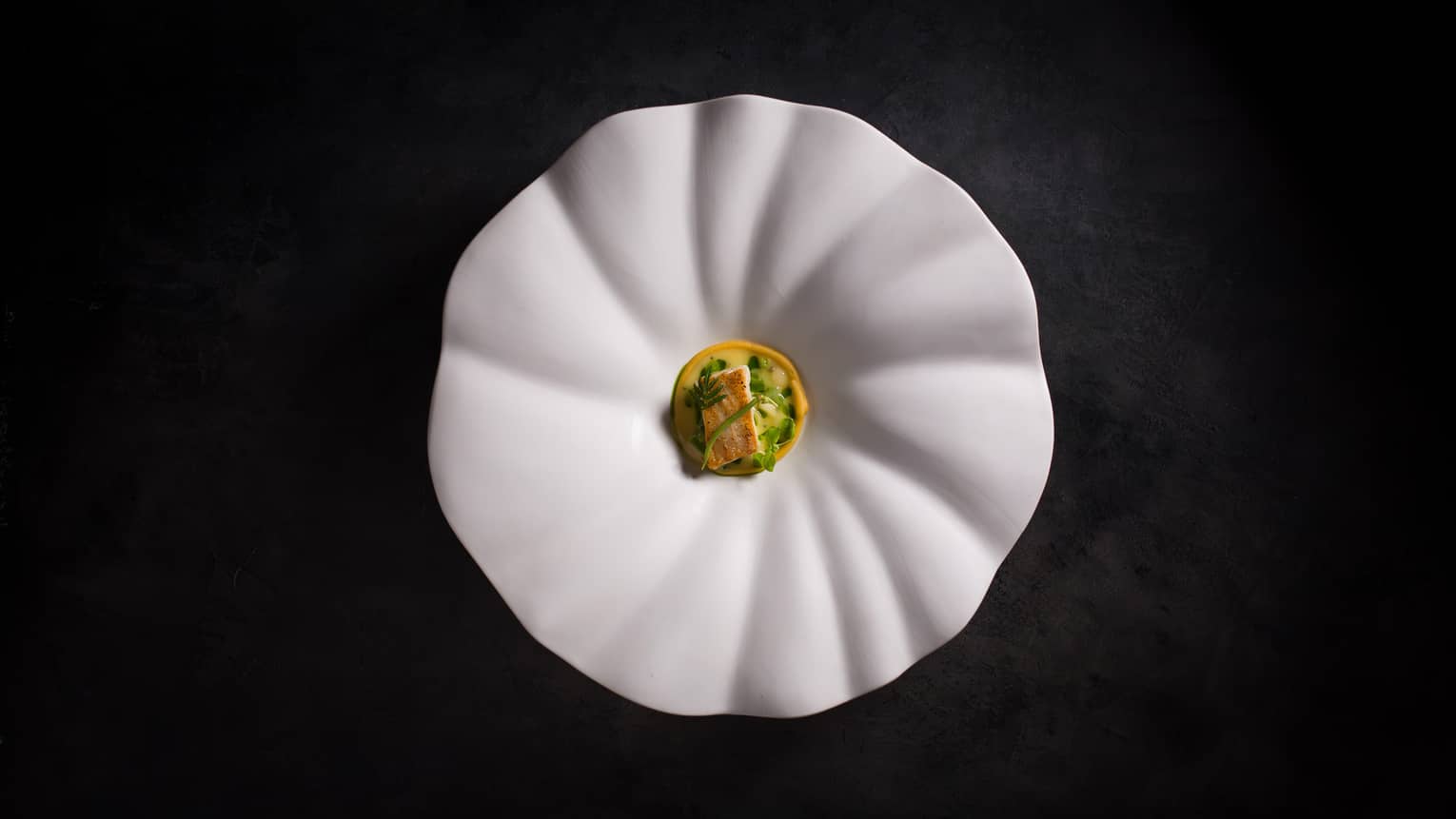  Japanese Kinmedai served on a white round textured plate on a flat black background