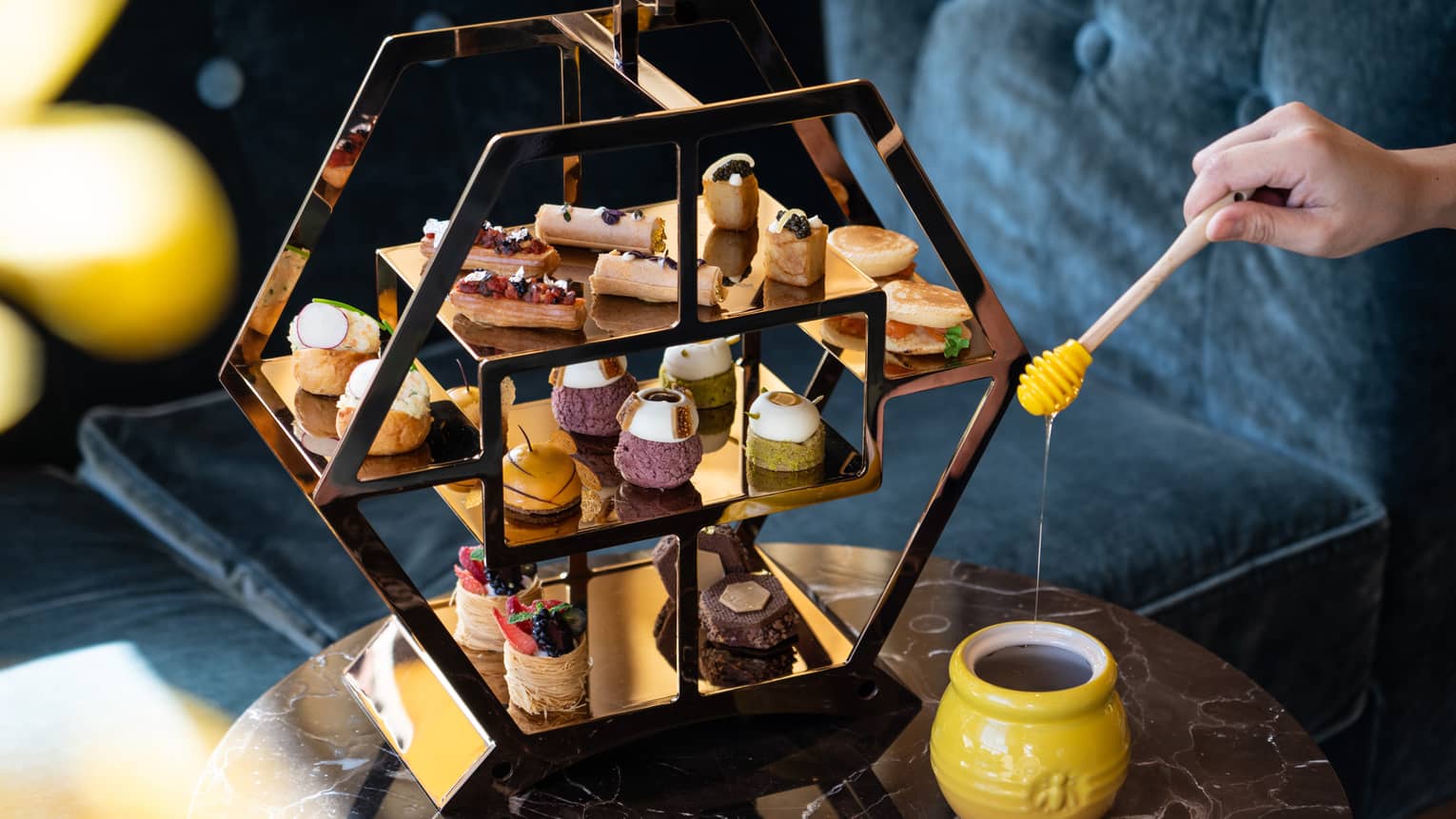 Afternoon Tea three-tiered serving tray with honey