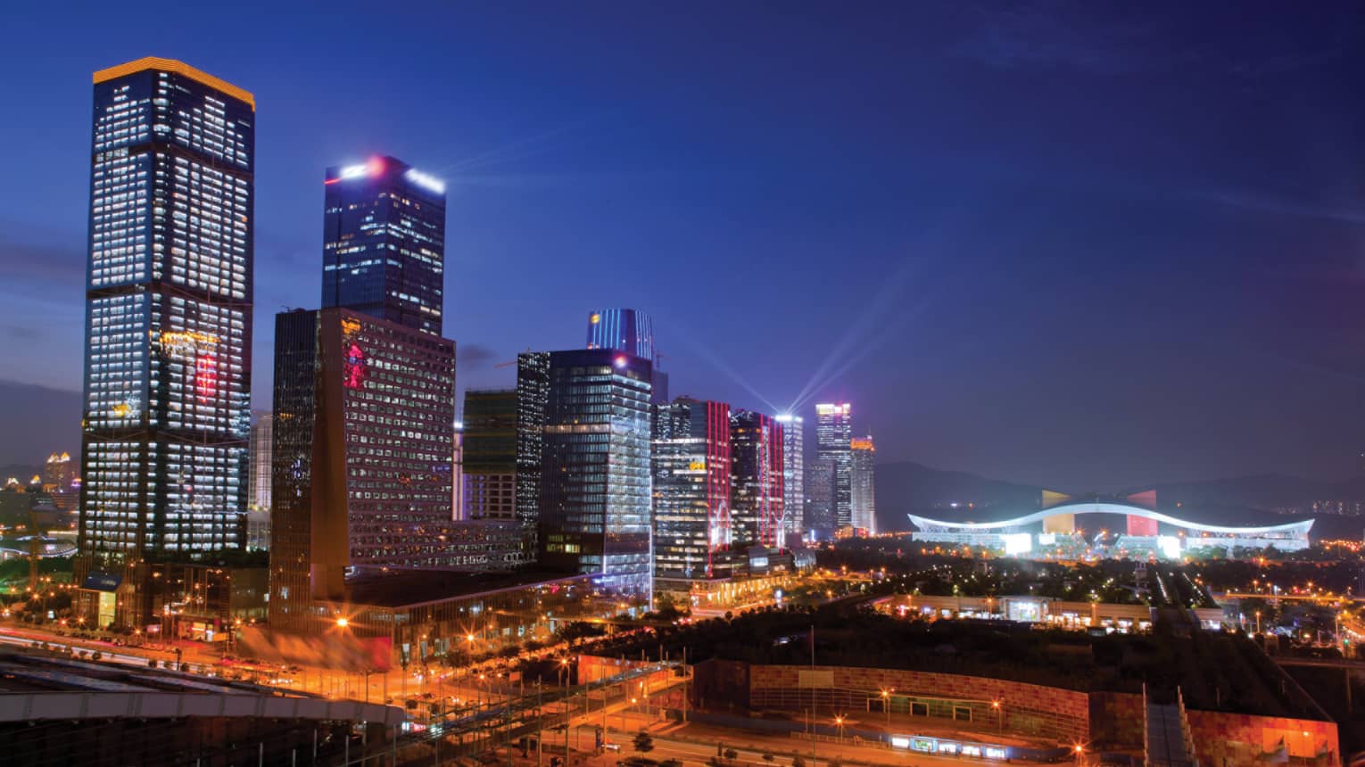 Four Seasons Hotel Shenzhen high rise buildings with lights at night
