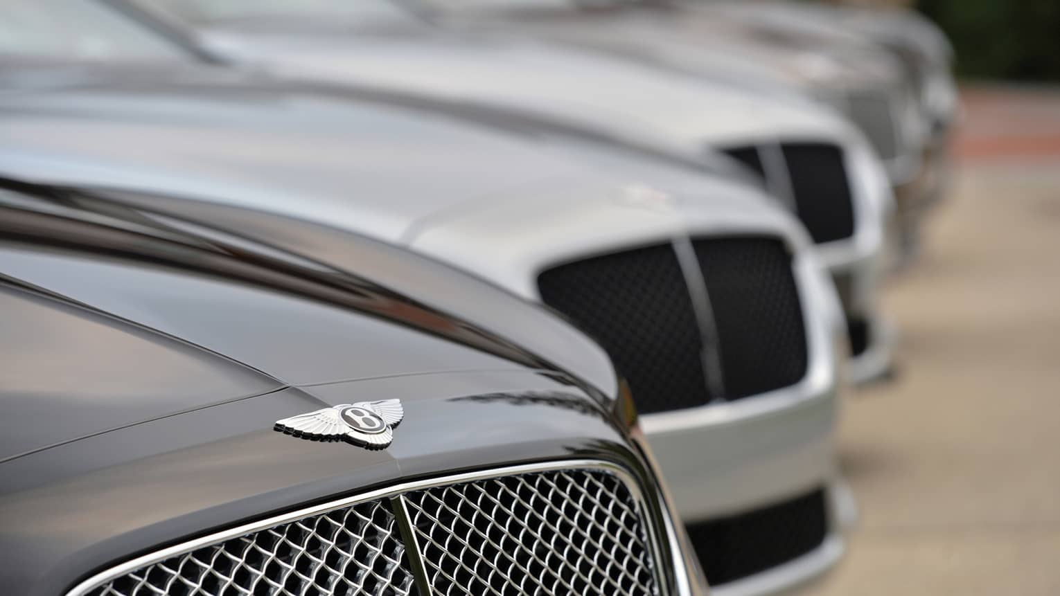 Close up of Bentley car, as part of line up of luxury cars 