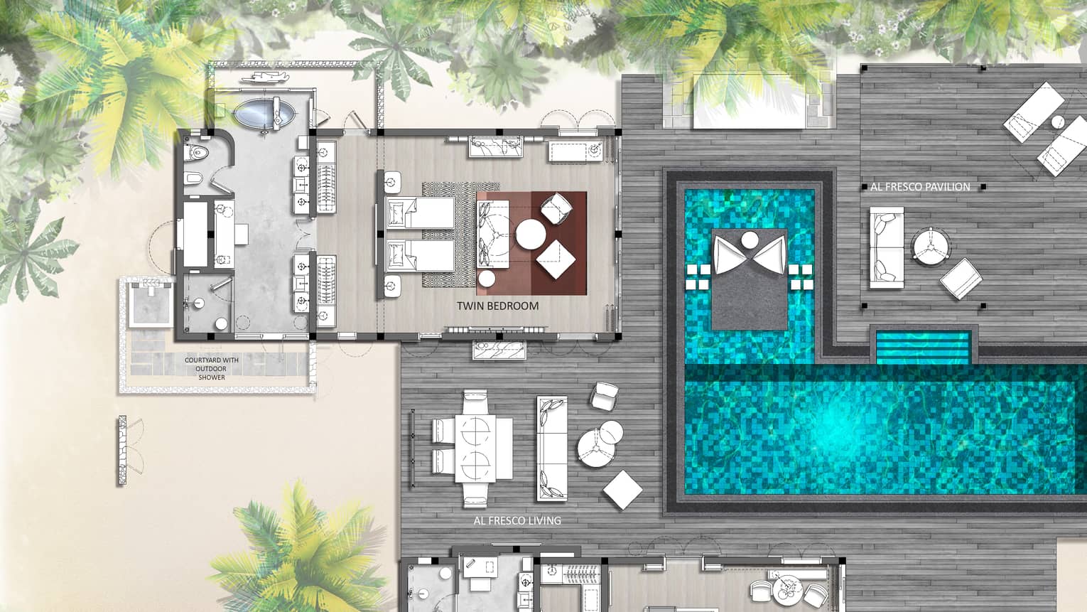 Floorplan of Two-Bedroom Ocean Bungalow at Four Seasons Maldives at Landaa Giraavaru