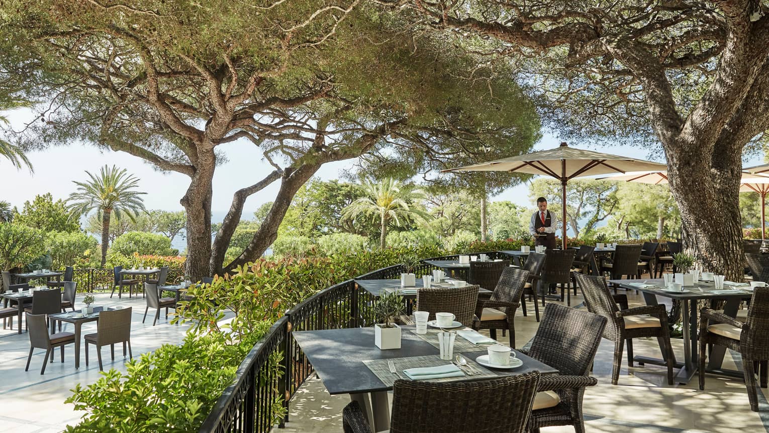 Trees hang over Le Veranda garden patio dining tables, chairs