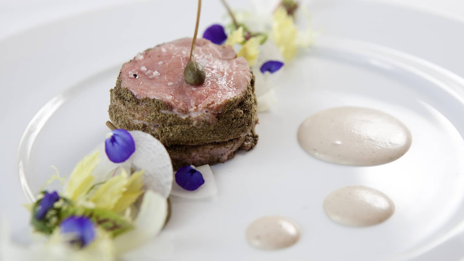 Vitello Tonnato with Poached Veal Tenderloin, Dry Capers, Celery Tuna and Anchovy Sauce