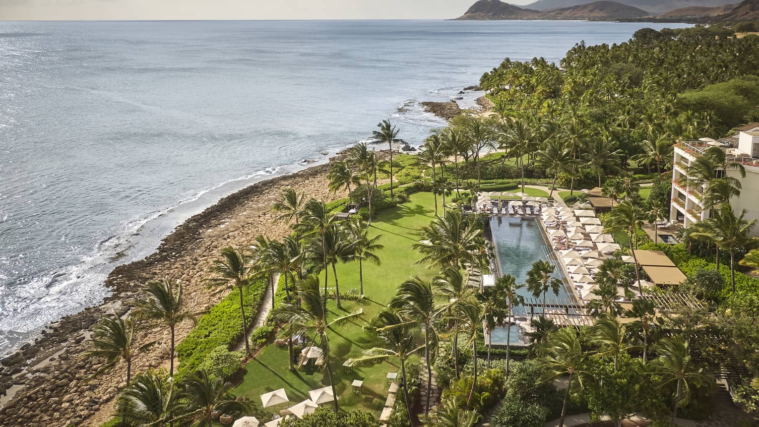 Tropical Hawaiian resort featuring a green lawn and pool, next to the beach