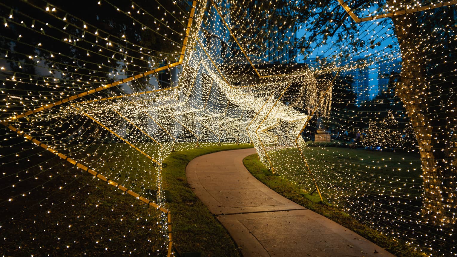 Star-shaped tunnel of lights surrounding an outdoor path.