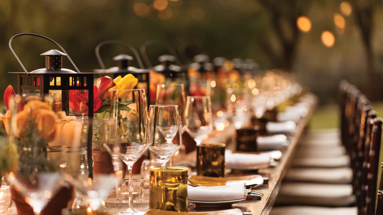 Close-up of long banquet table with red and yellow flower, amber glassware