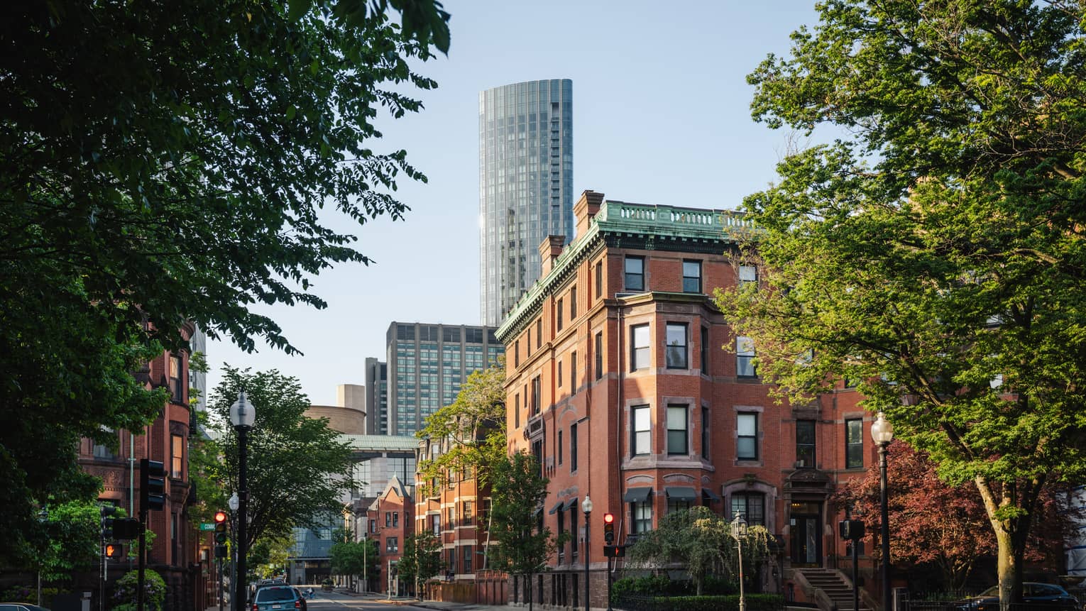 View of Boston Back Bay neighbourhood with Four Seasons Hotel Boston at One Dalton Street building in background
