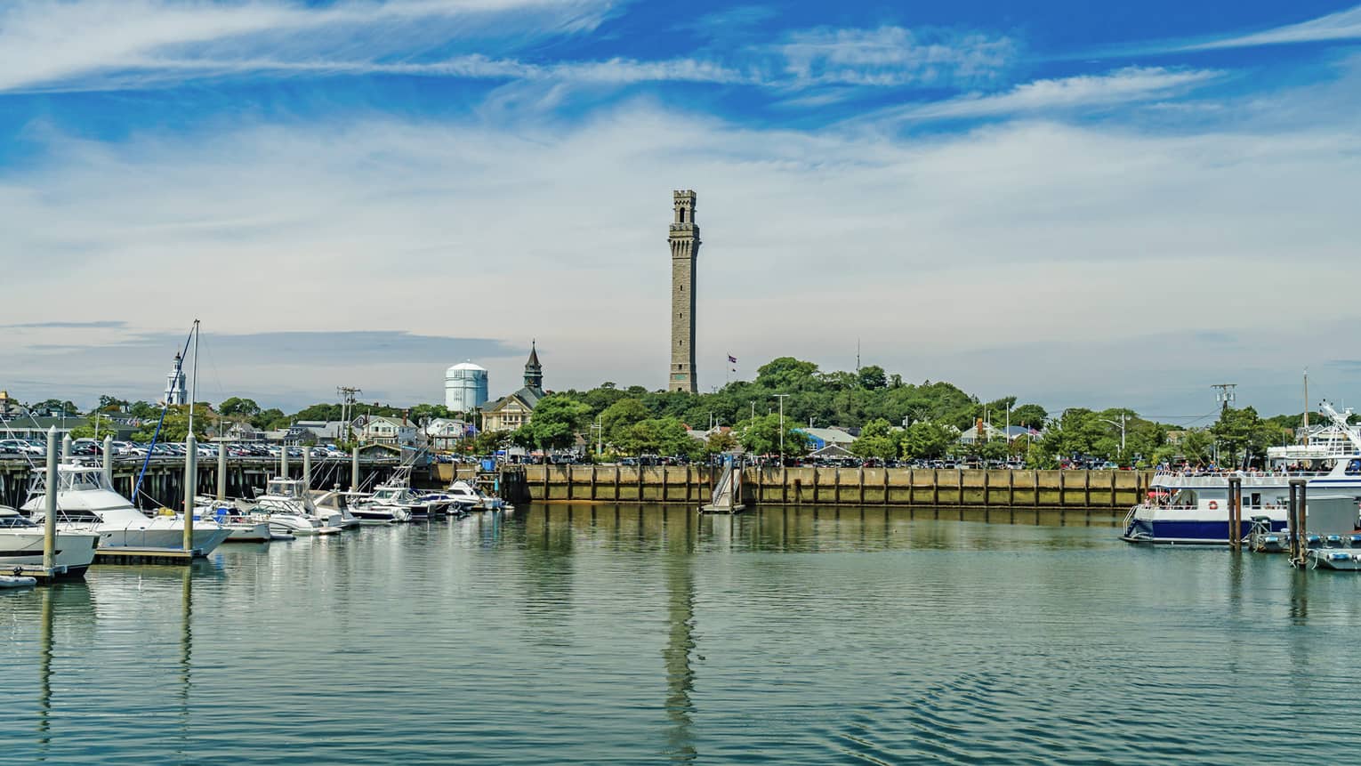 A dock with many boats and trees off in the distance.