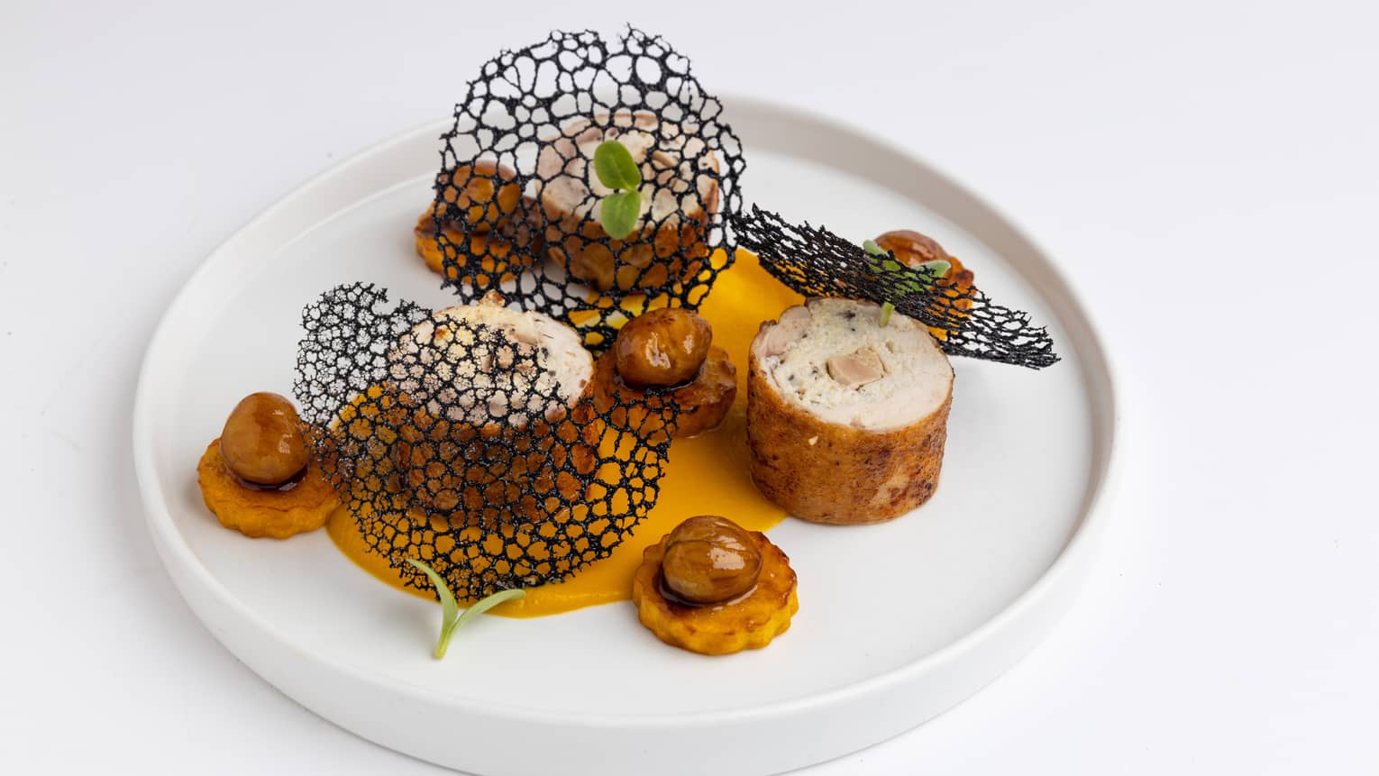 Gourmet meat and potatoes entree with artisanal garnish