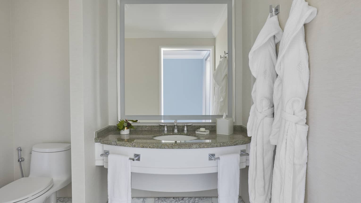 Bathroom single vanity sink and toilet with divider wall