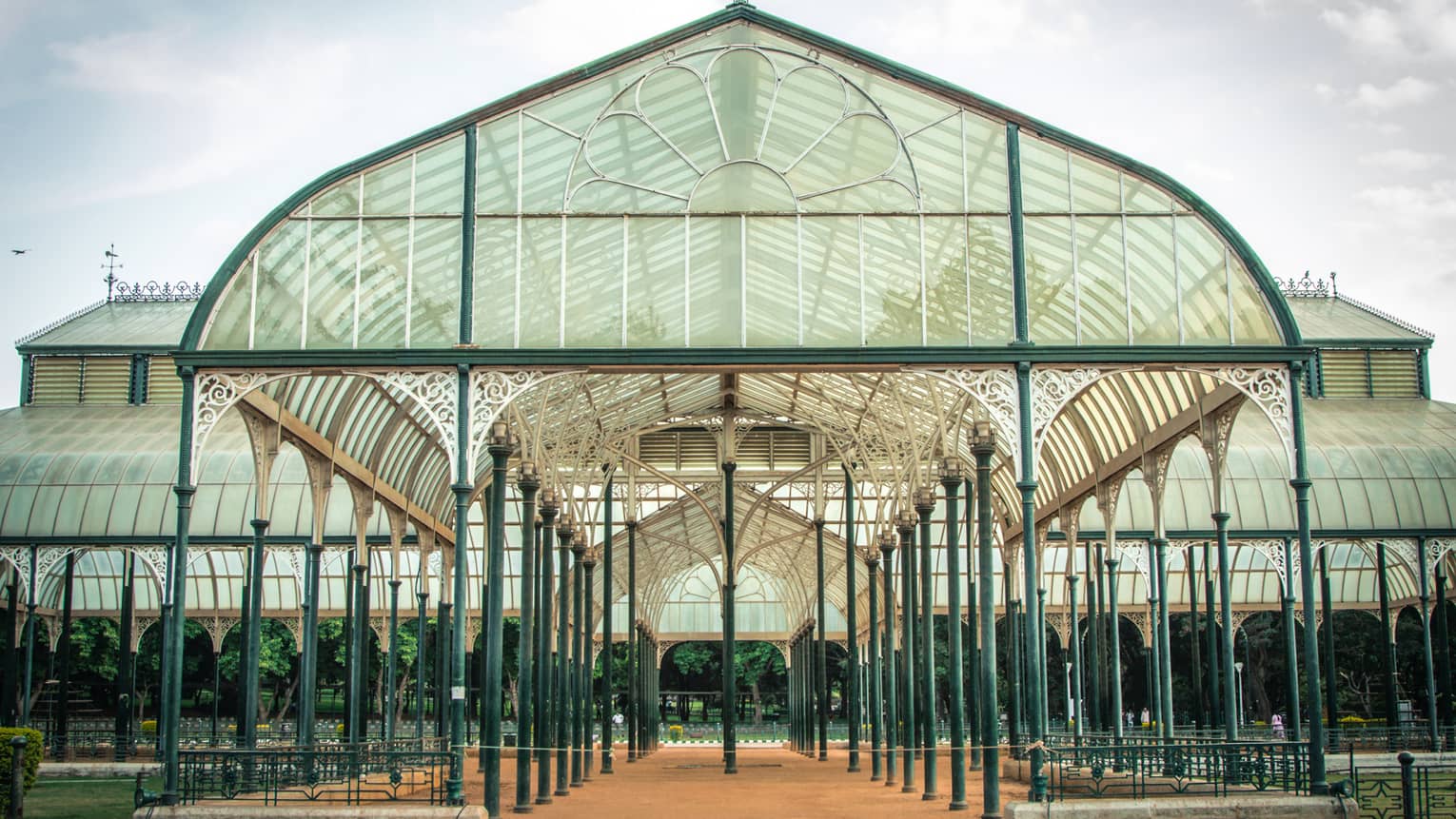 Arched entrance to Glasshouse at Lalbagh Gardens in Bangalore, India