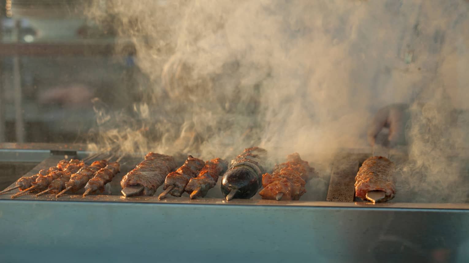 Steaming shish kebabs on skewers on grill