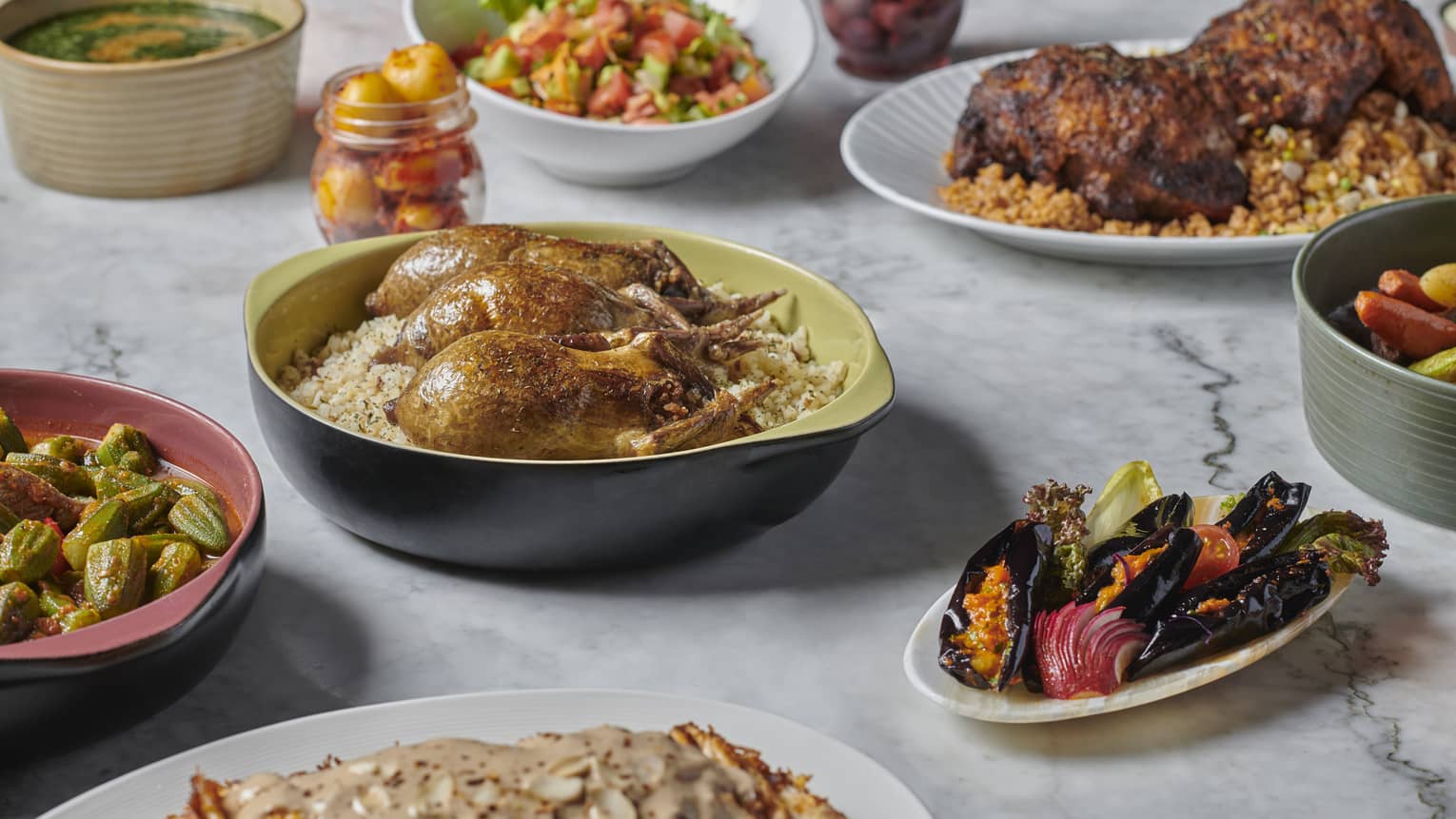 Egyptian dishes set on a marble table