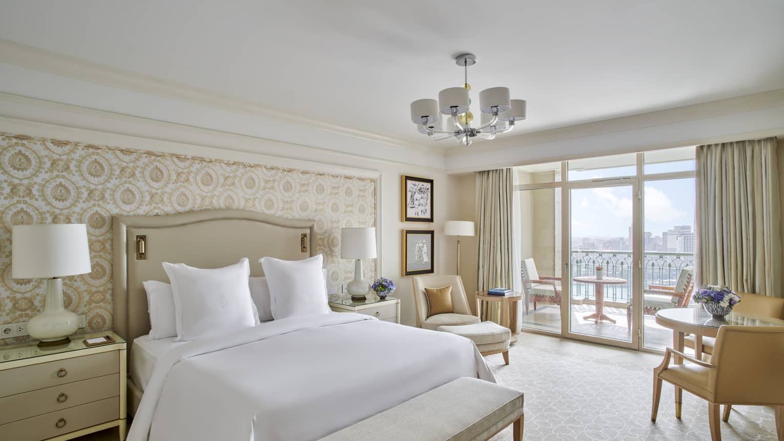 Elegant and airy hotel room with balcony and Nile River view