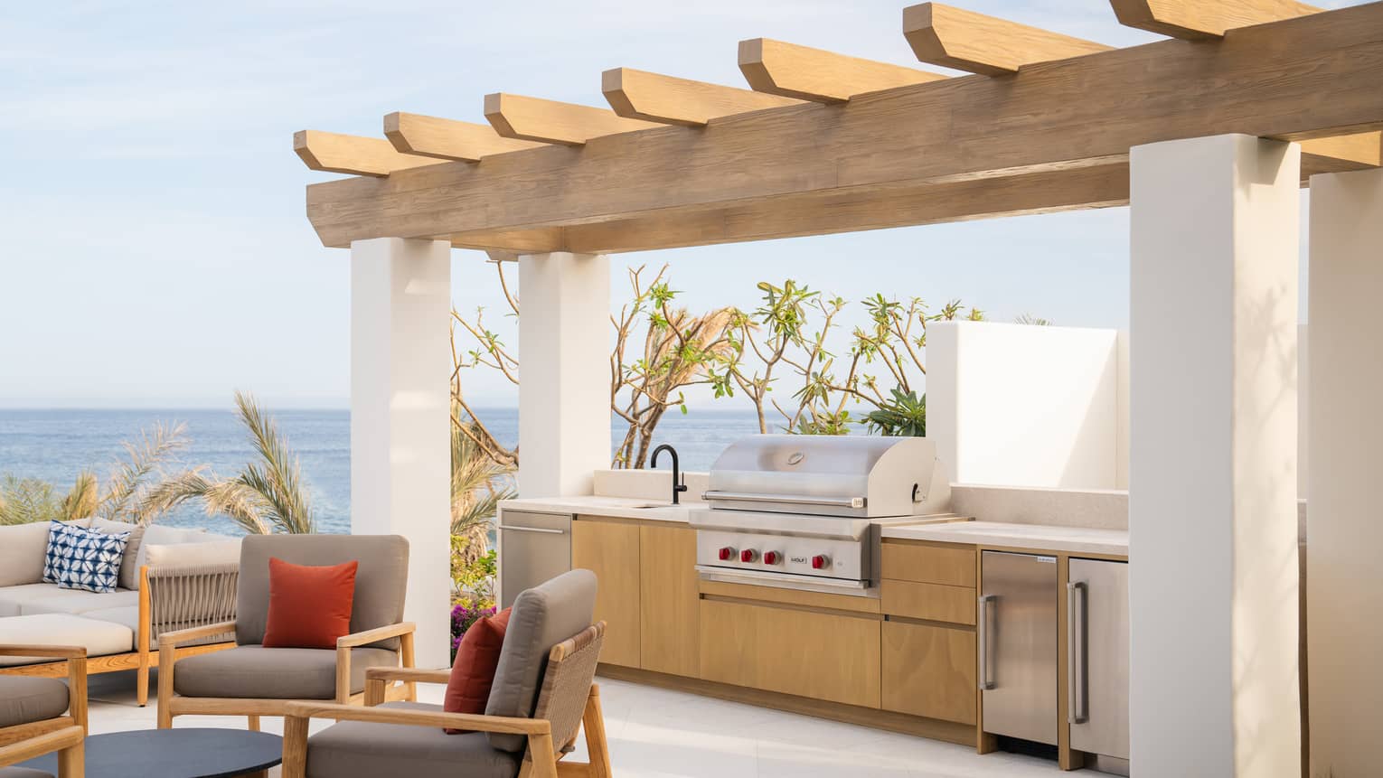 Outdoor pergola and kitchen with ocean-view, luxury ocean-view villa at Four Seasons Resort Cabo San Lucas at Cabo Del Sol