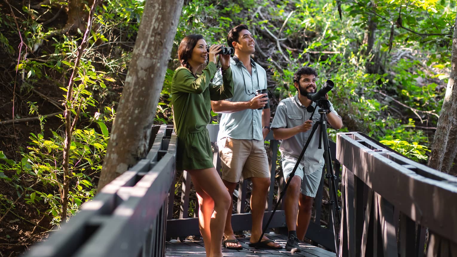 A woman holding binoculars, a man holding a recorder and a guide holding a camera on a tripod are gathered on a wooden forest walkway for bird watching