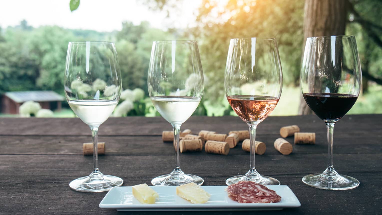 Tasting glasses of white, rose and red wine in row behind cheese platter on patio table, corks