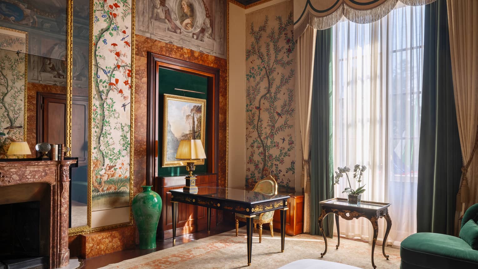 High-ceilinged study with floral wall paper and ornate window treatments, Gallery Suite at Four Seasons Hotel Florence