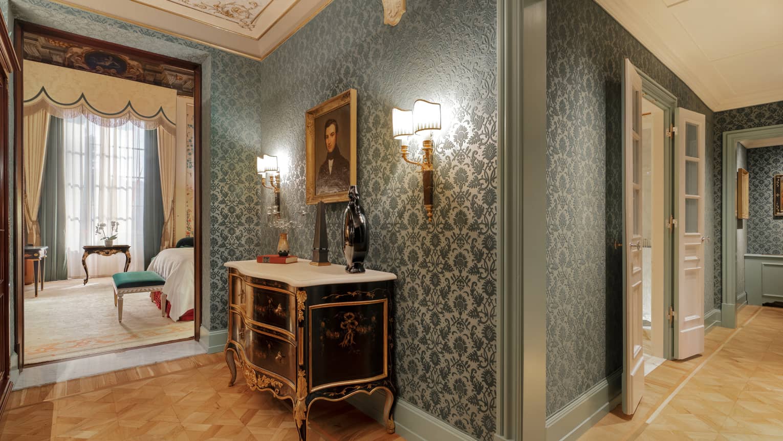Wallpapered hallway leading into bedroom in Gallery Suite at Four Seasons Hotel Florence