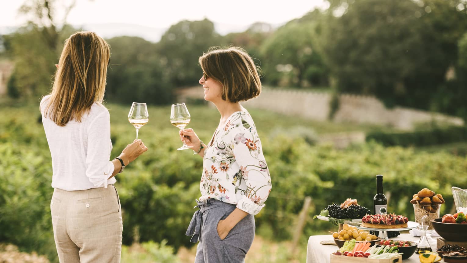 Two women drink a glass of white wine while standing among vineyards and private picnic