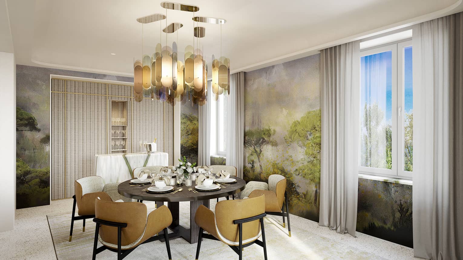 Dining room with round table, six modern chairs, hanging glass chandelier, painted walls