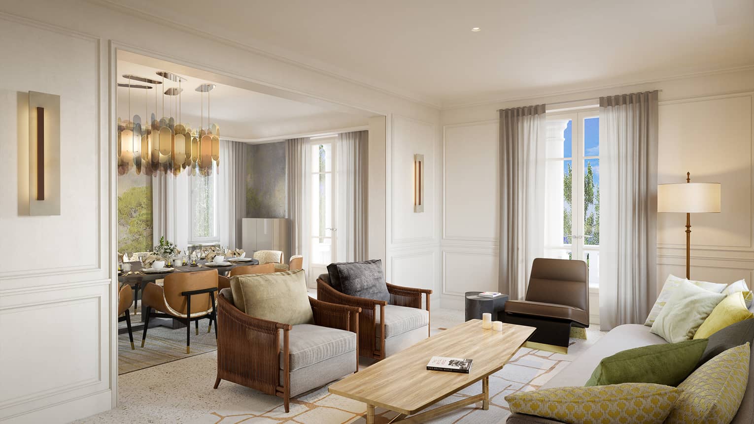 Living room with sofa, three arm chairs, wooden table, entrance into dining room