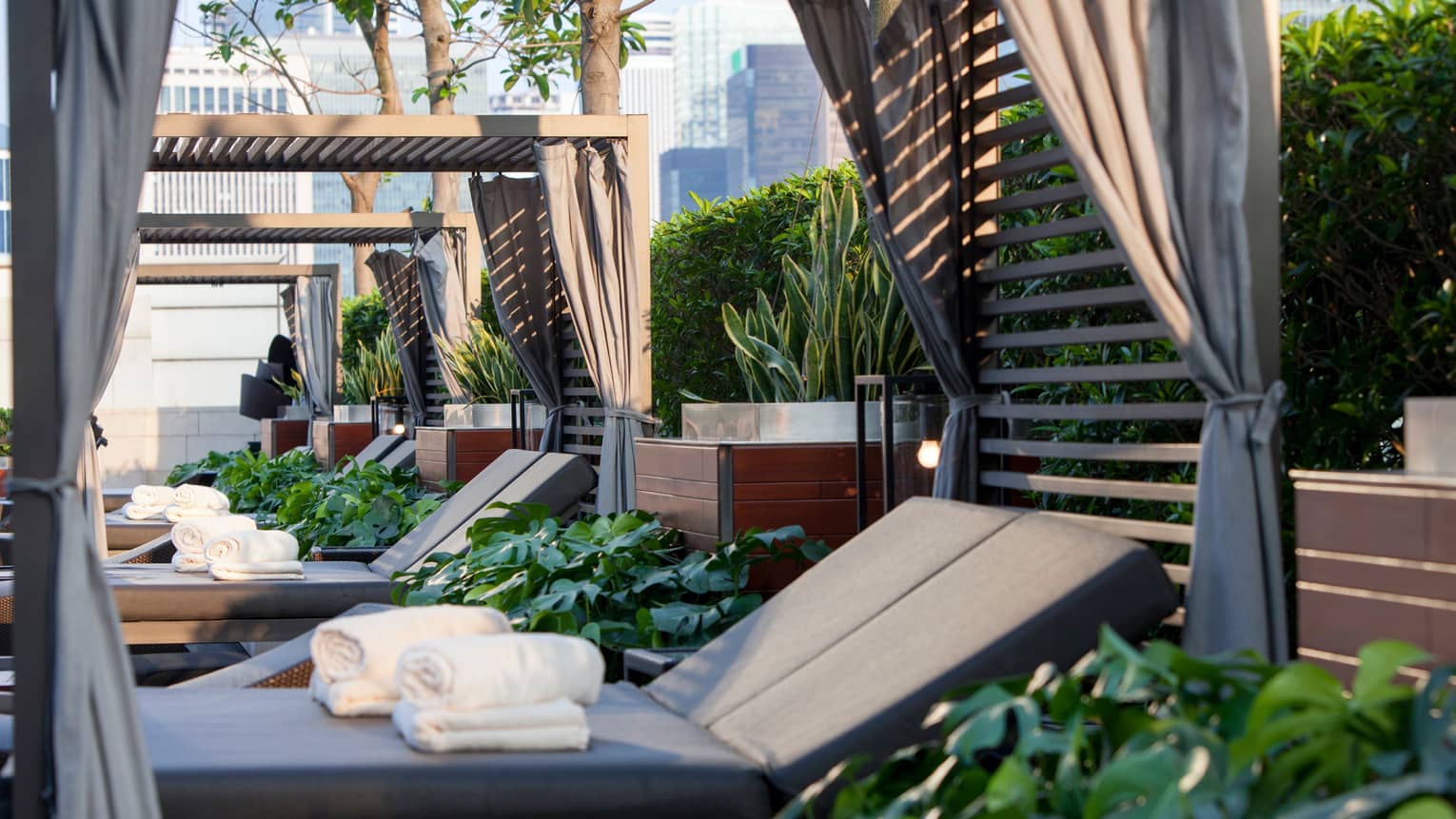 Poolside lounge chairs with rolled towels sit under wooden cabanas. Green plants surround the area, creating a relaxing atmosphere. Tall buildings are visible