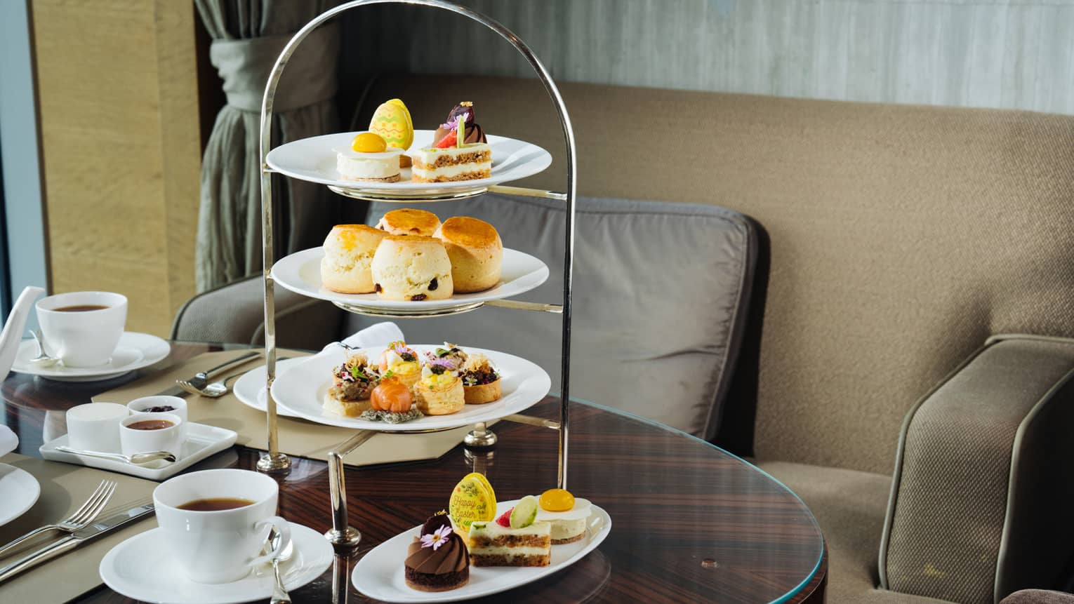 Easter Afternoon Tea three-tiered display at Four Seasons Hotel Hong Kong