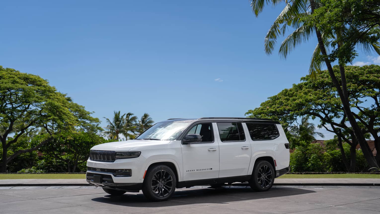 Large white SUV parked in a tropical setting
