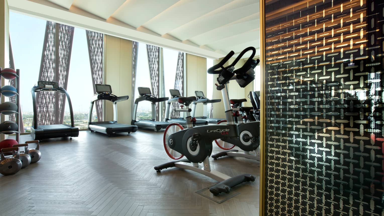 Row of treadmills in front of sunny window in fitness centre, cardio bikes