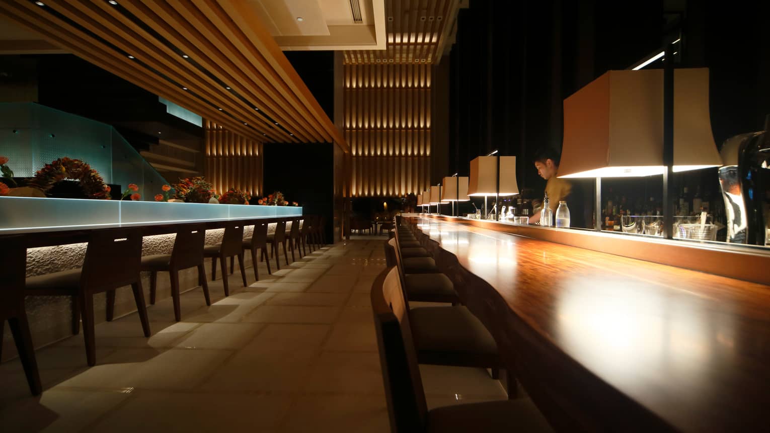 Dimly-lit Brasserie lounge, bartender behind lights at long wood bar