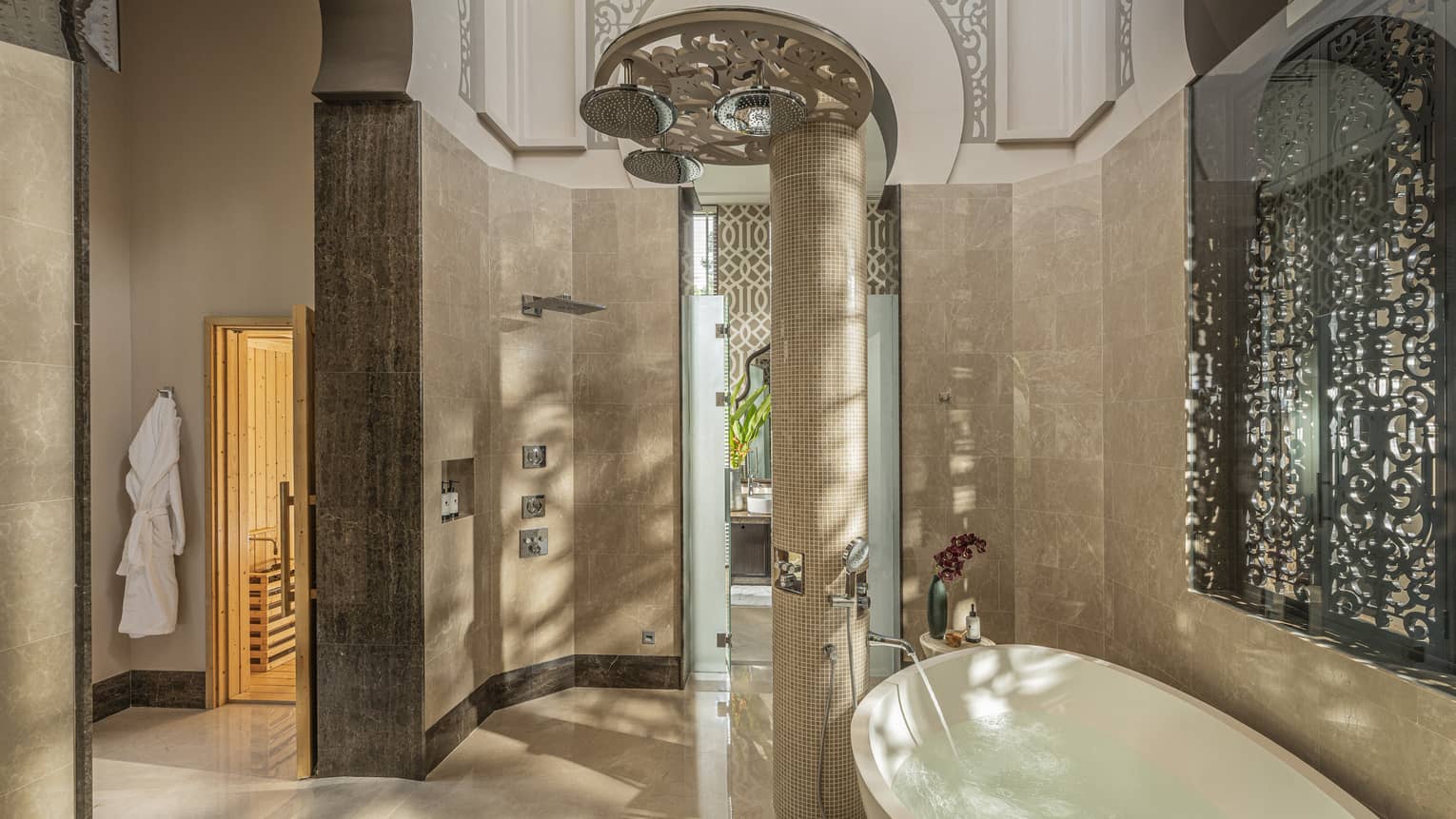 Luxurious bathroom with standalone oval tub
