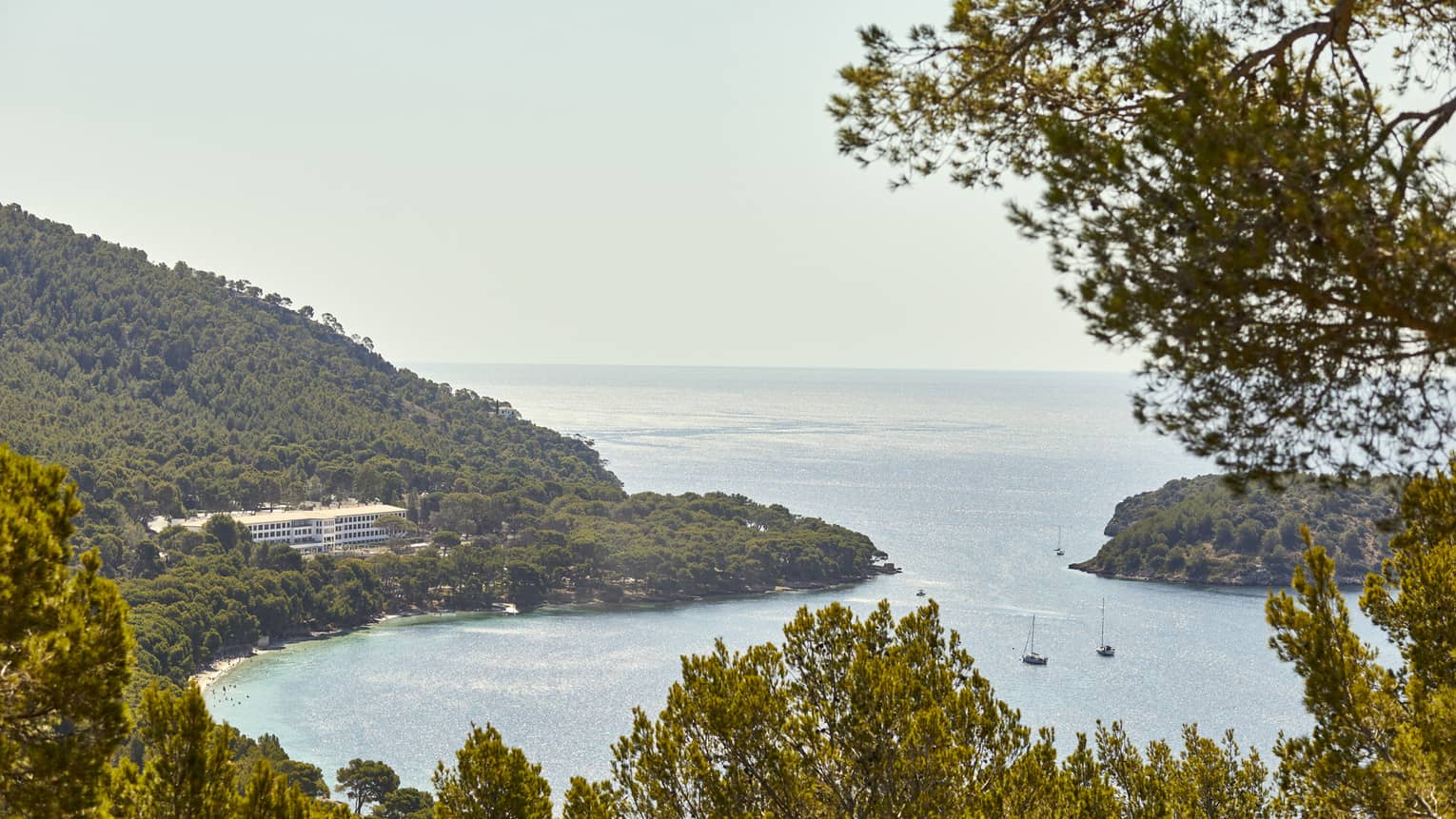 Hilltop view of a resort nestled among trees overlooking a shimmering bay dotted with sailboats and wide ocean vista beyond.