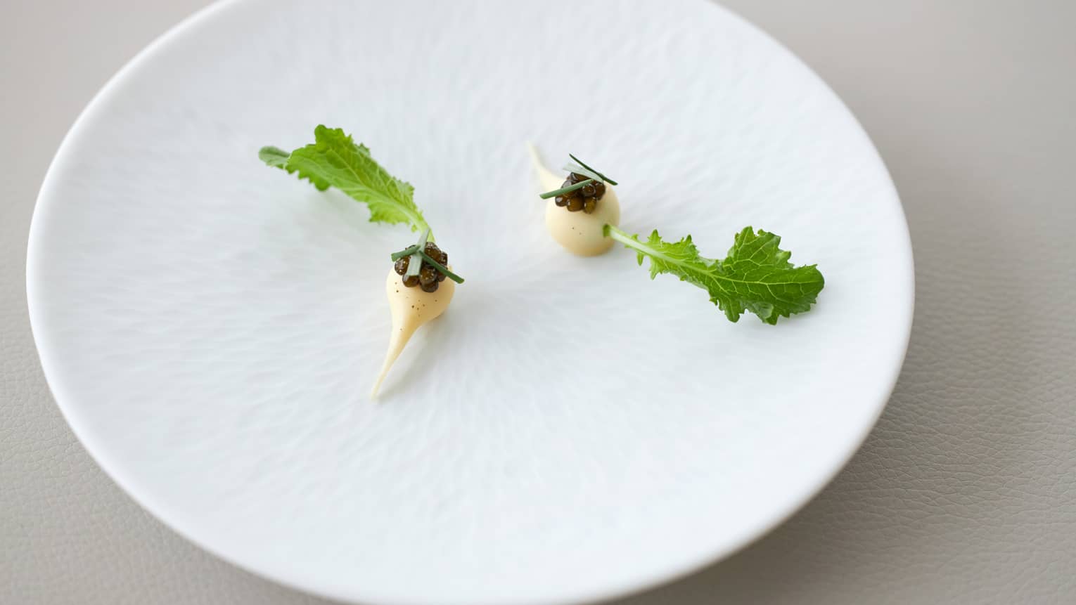 Whole young turnips with sake-kasu on round white plate