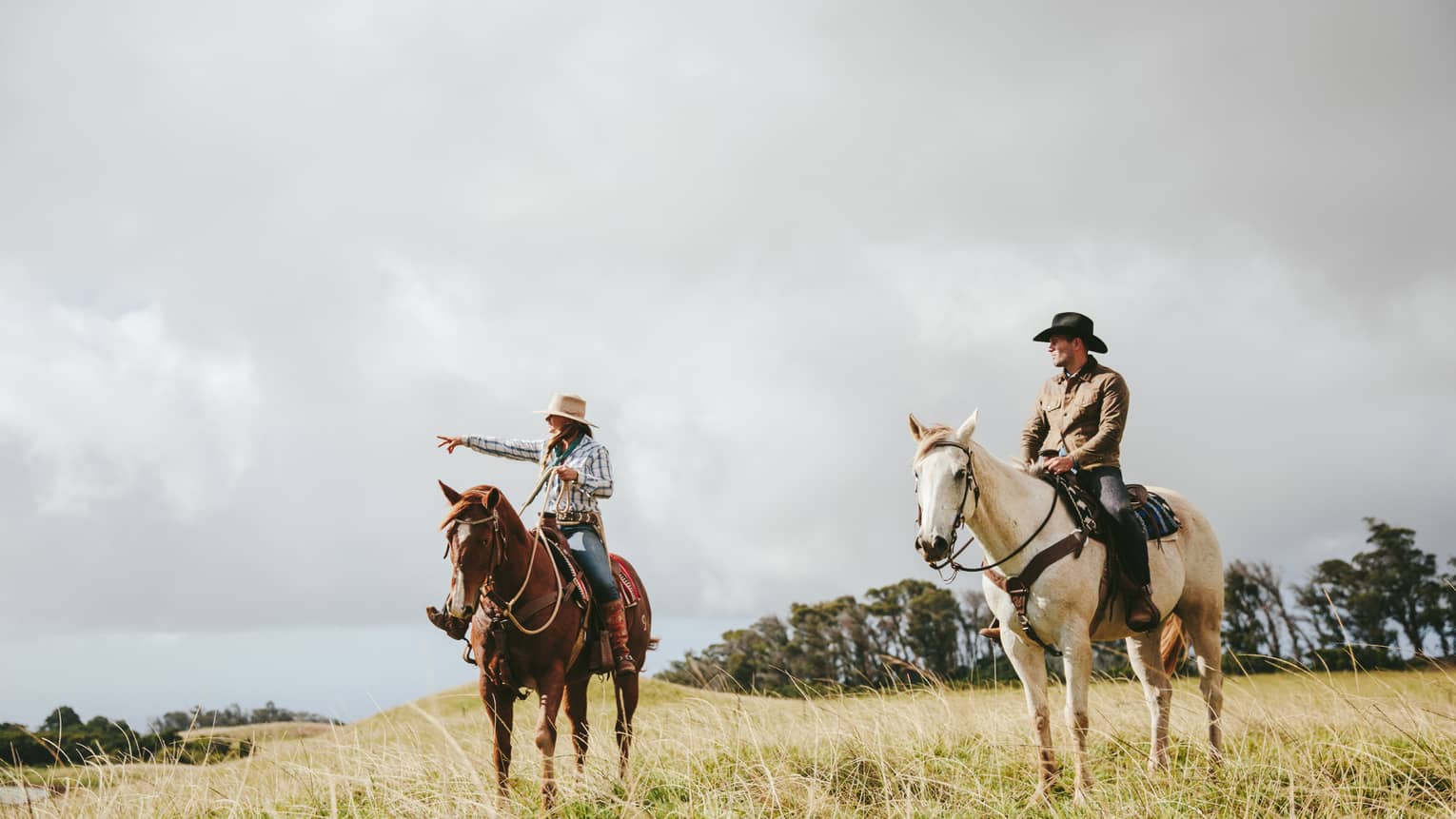 A couple riding horses, looking out at the long grass fields, with grassy hills and trees in the distance on a cloudy day.