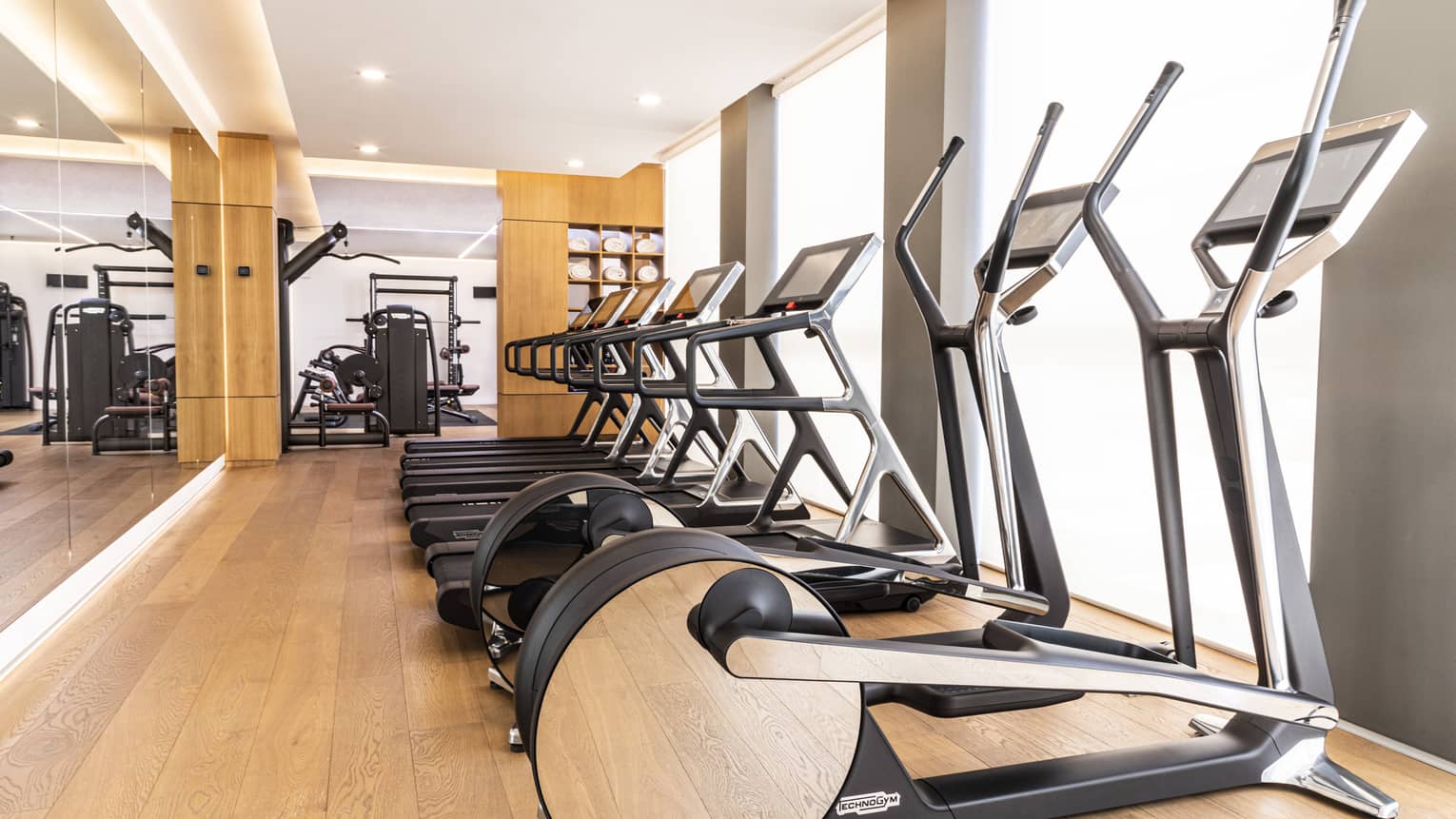 Indoor gym with a row of treadmills and elliptical machines facing windows