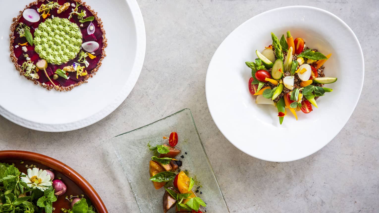 Four colourful dishes made of veggies and fruits from Cafe' Landaa