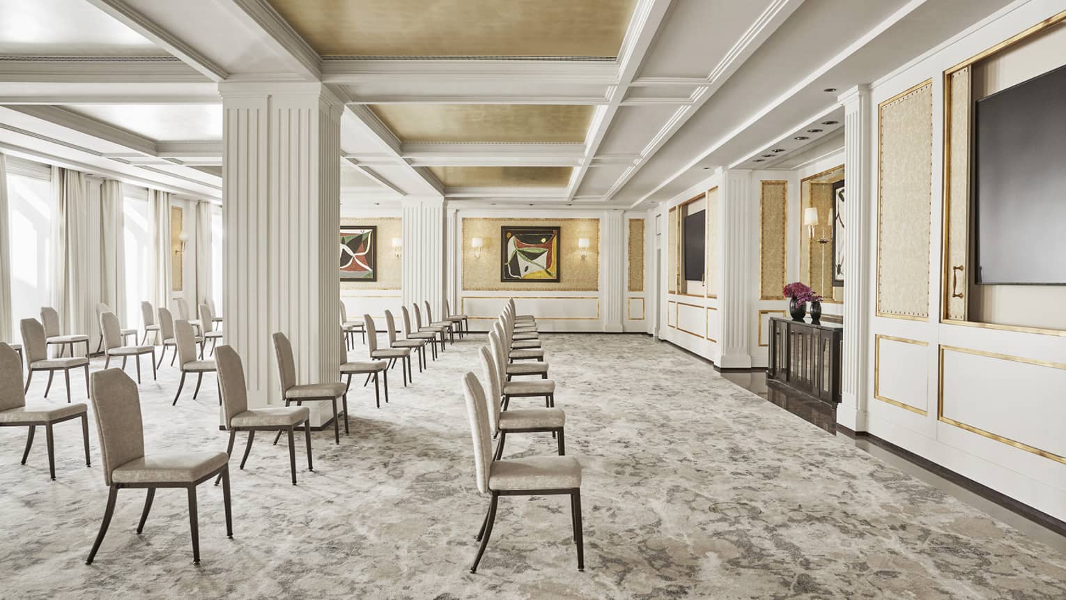 Meeting room with theatre set up, carpeting, white crown molding, white pillar in room