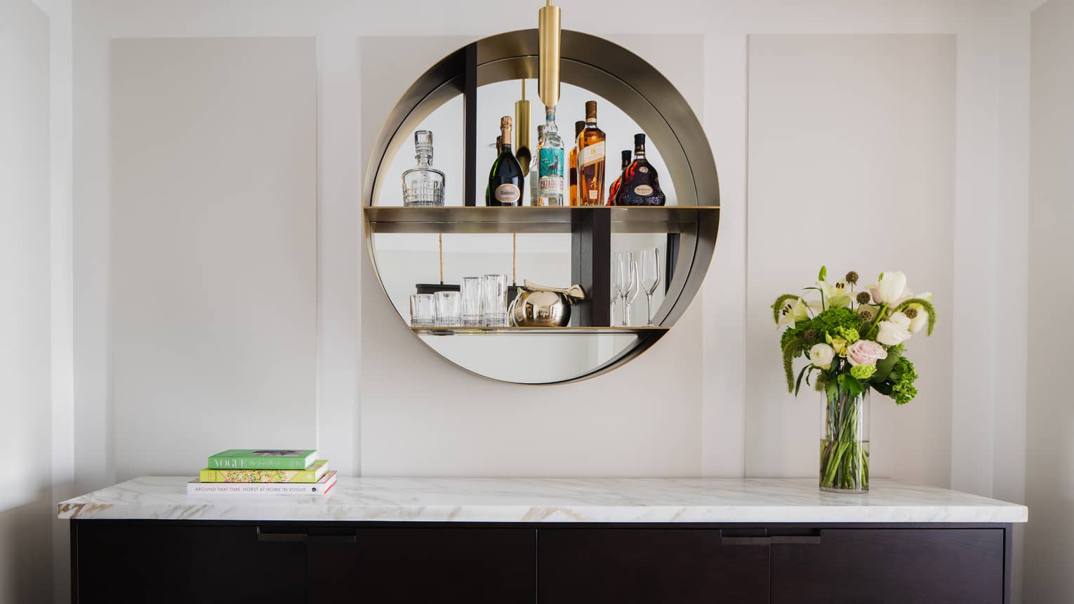 Marble buffet table with circular hanging bar shelf