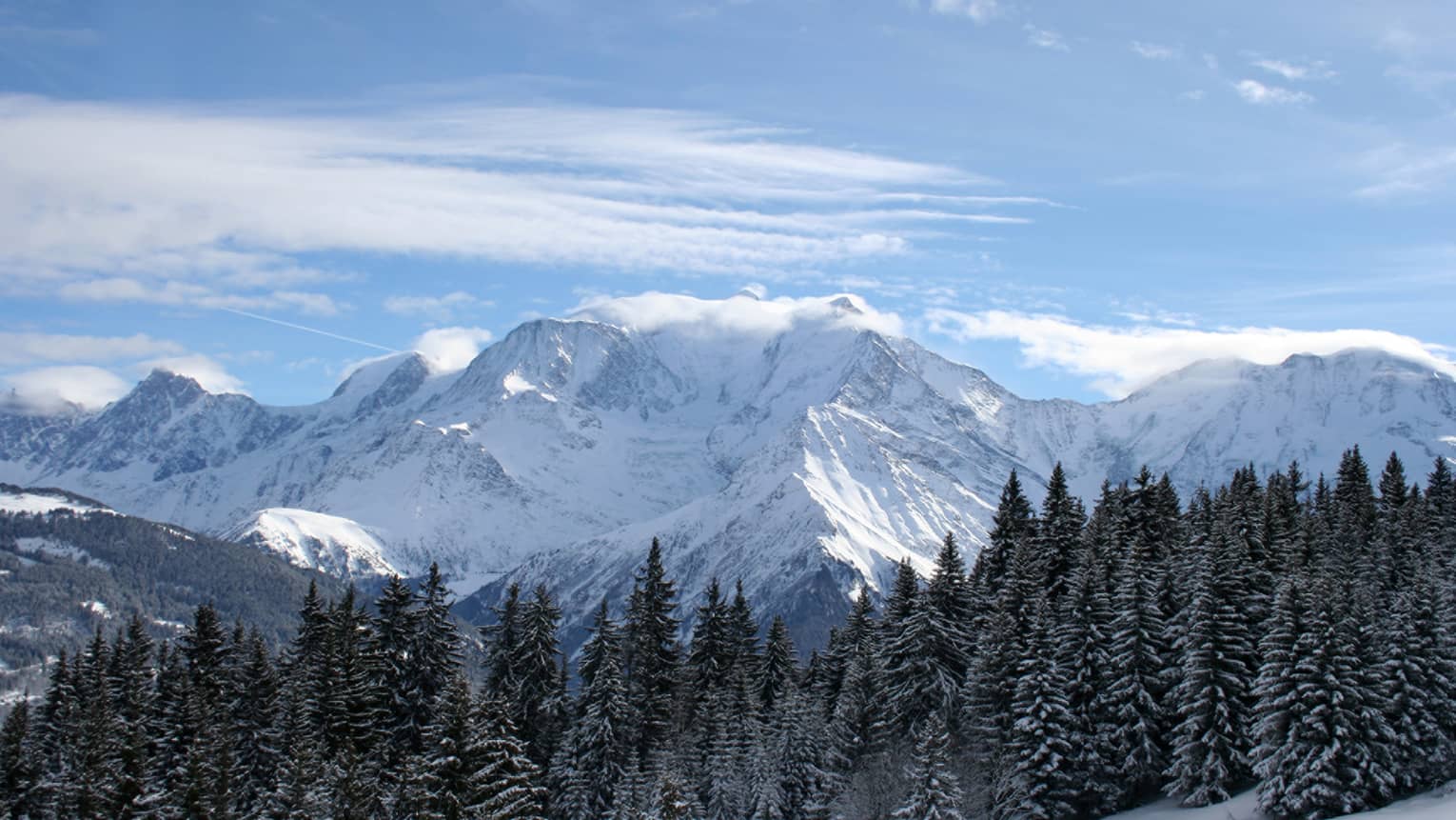 Snowy French Alps mountains over trees