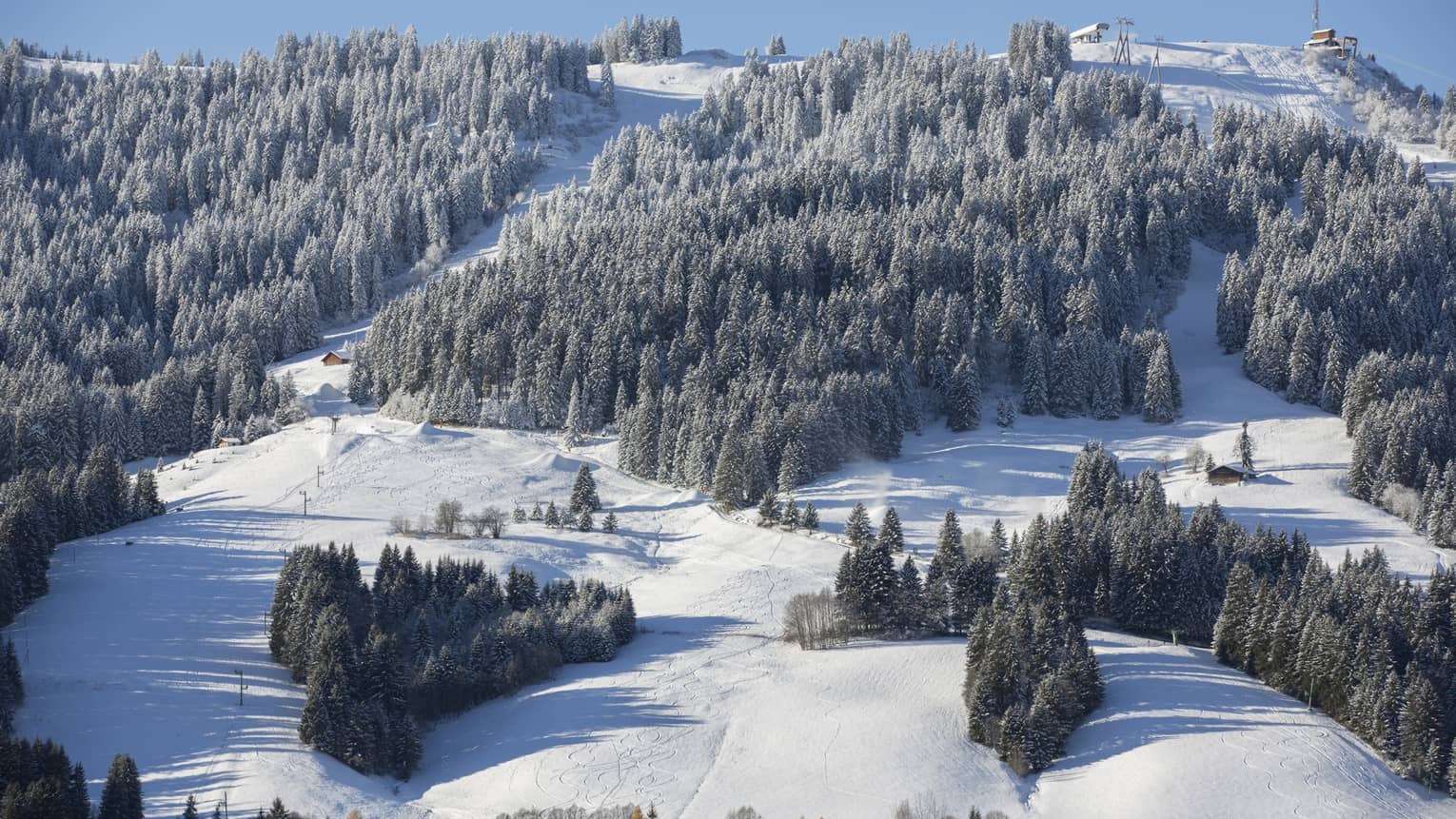 View of the snowy Mont d'Arbois ski slopes in Megeve, France